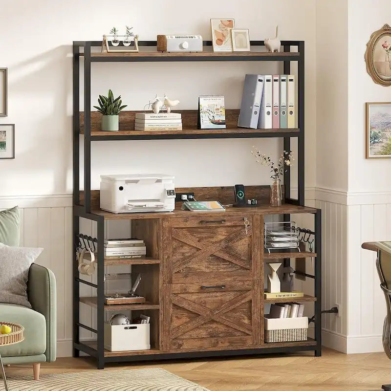 Natural / Black / Brown 6-Layer Vertical File Cabinet with Lock & Charging Station, 1–2 Person