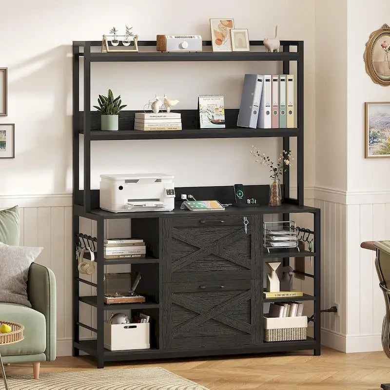Natural / Black / Brown 6-Layer Vertical File Cabinet with Lock & Charging Station, 1–2 Person