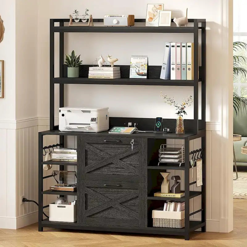 Natural / Black / Brown 6-Layer Vertical File Cabinet with Lock & Charging Station, 1–2 Person