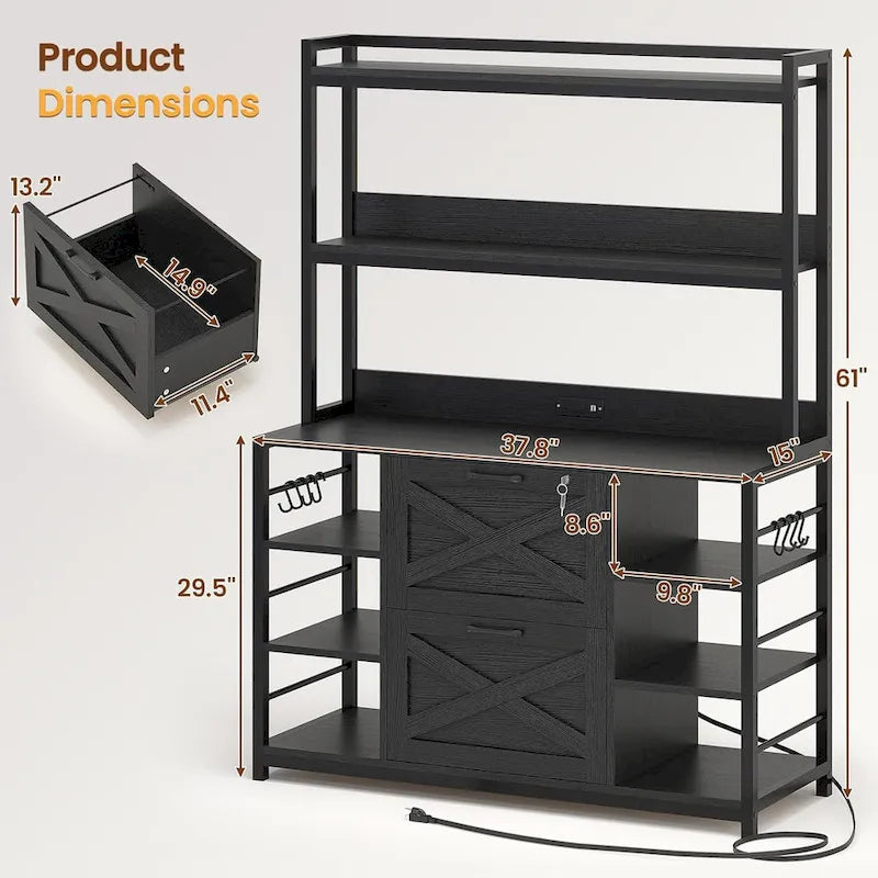 Natural / Black / Brown 6-Layer Vertical File Cabinet with Lock & Charging Station, 1–2 Person