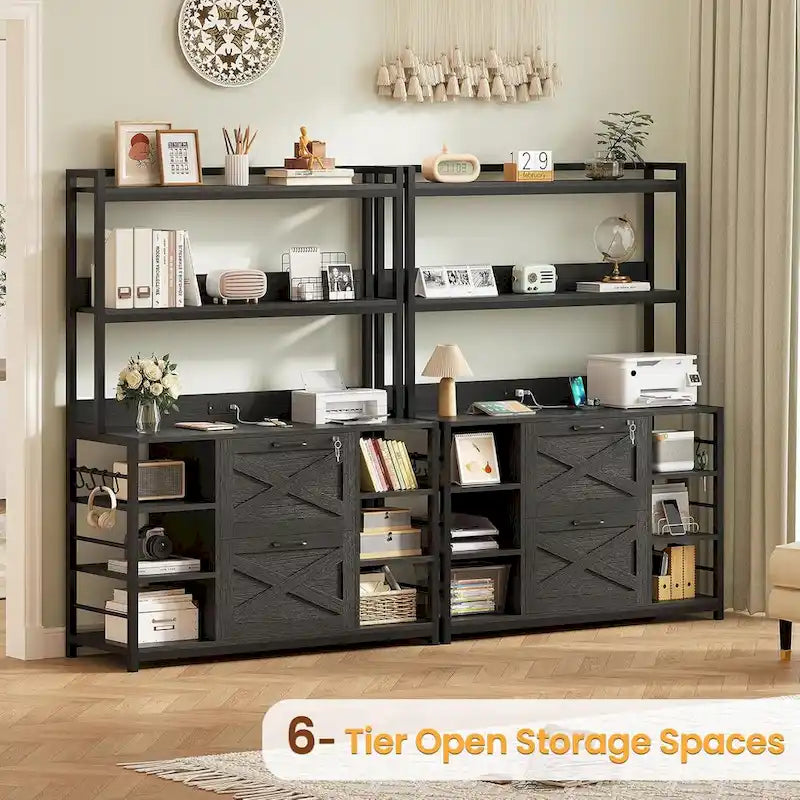 Natural / Black / Brown 6-Layer Vertical File Cabinet with Lock & Charging Station, 1–2 Person