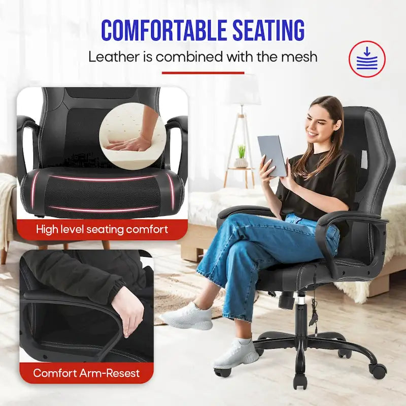 Black Faux Leather Ergonomic Office Chair with Lumbar Massage, Single