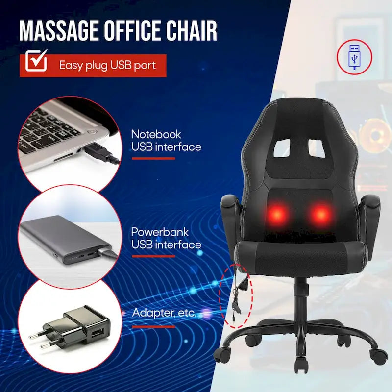 Black Faux Leather Ergonomic Office Chair with Lumbar Massage, Single
