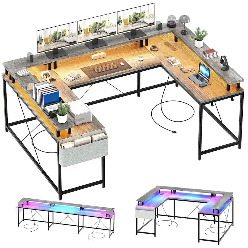 Bureau d'ordinateur réversible en forme de U avec lumières LED et prises de courant, 2 personnes