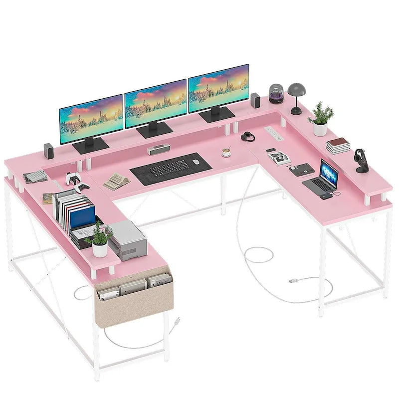 Bureau d'ordinateur réversible en forme de U avec lumières LED et prises de courant, 2 personnes