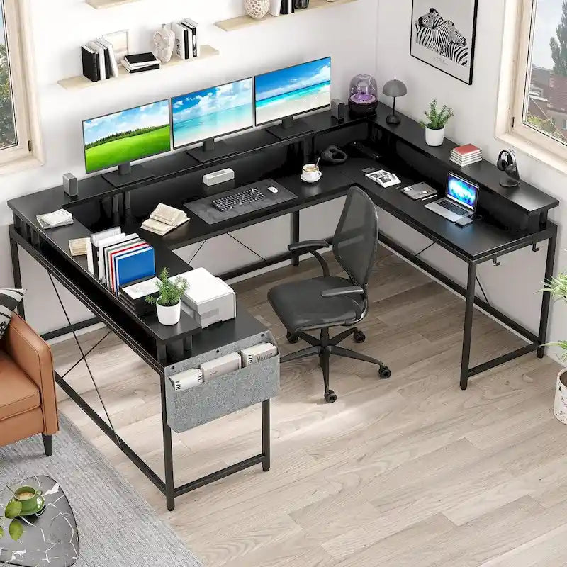 Bureau d'ordinateur réversible en forme de U avec lumières LED et prises de courant, 2 personnes