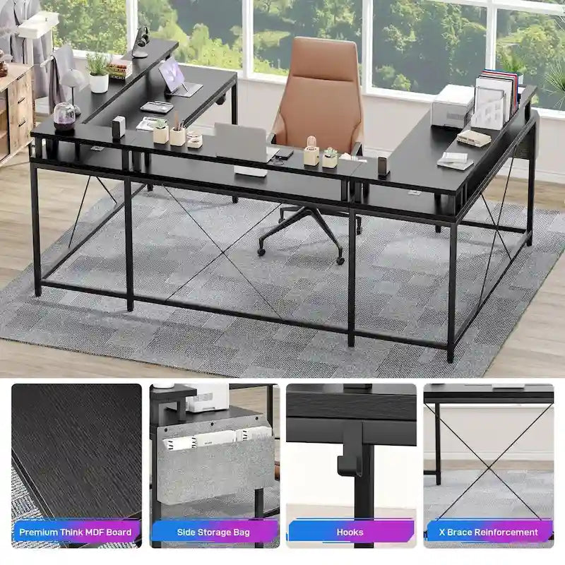 Bureau d'ordinateur réversible en forme de U avec lumières LED et prises de courant, 2 personnes
