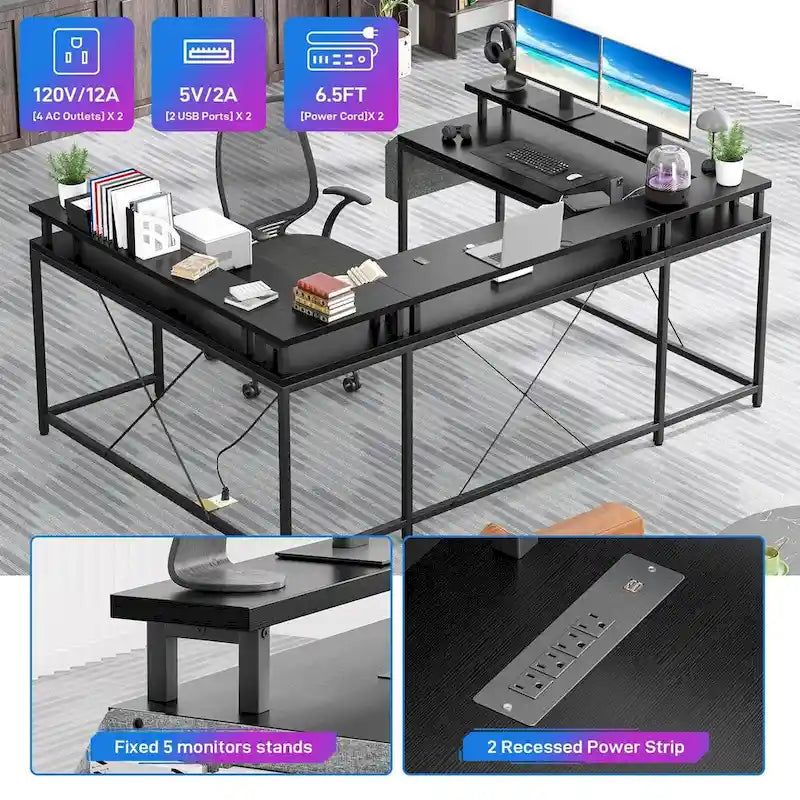 Bureau d'ordinateur réversible en forme de U avec lumières LED et prises de courant, 2 personnes