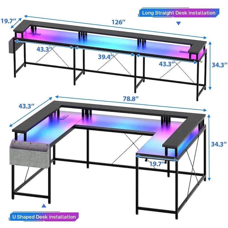 Bureau d'ordinateur réversible en forme de U avec lumières LED et prises de courant, 2 personnes
