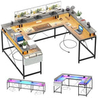 Bureau d'ordinateur réversible en forme de U avec lumières LED et prises de courant, 2 personnes