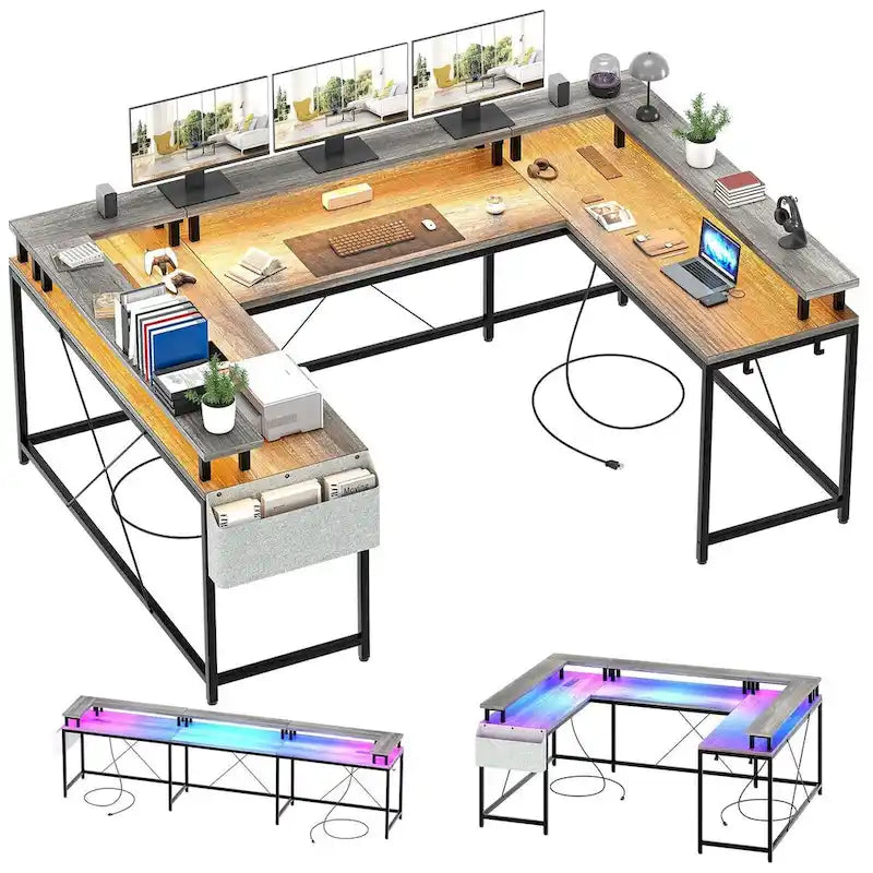 Bureau d'ordinateur réversible en forme de U avec lumières LED et prises de courant, 2 personnes