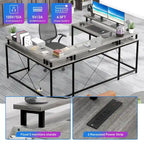 Bureau d'ordinateur réversible en forme de U avec lumières LED et prises de courant, 2 personnes