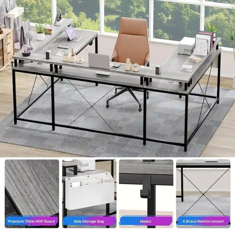 Bureau d'ordinateur réversible en forme de U avec lumières LED et prises de courant, 2 personnes
