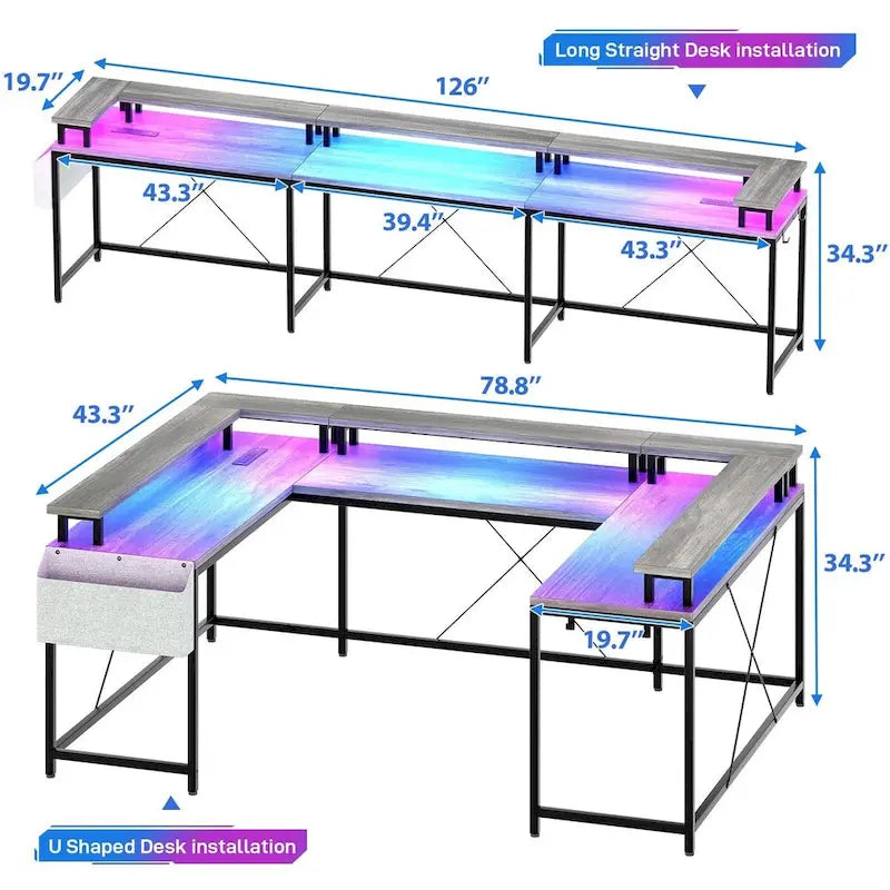Bureau d'ordinateur réversible en forme de U avec lumières LED et prises de courant, 2 personnes