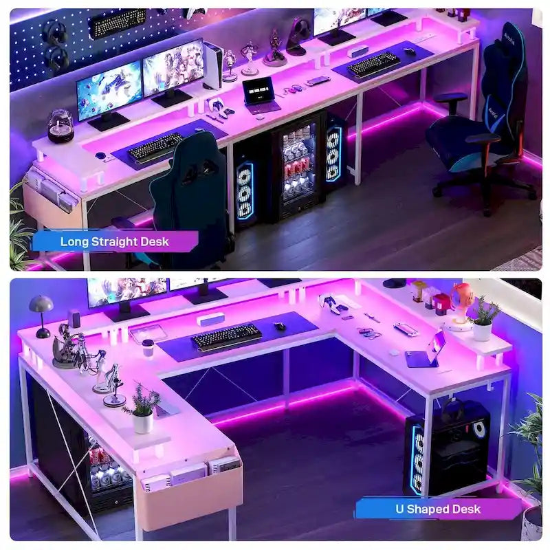 Bureau d'ordinateur réversible en forme de U avec lumières LED et prises de courant, 2 personnes
