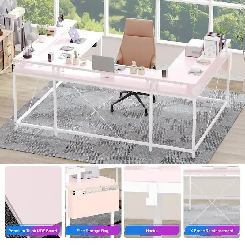 Bureau d'ordinateur réversible en forme de U avec lumières LED et prises de courant, 2 personnes