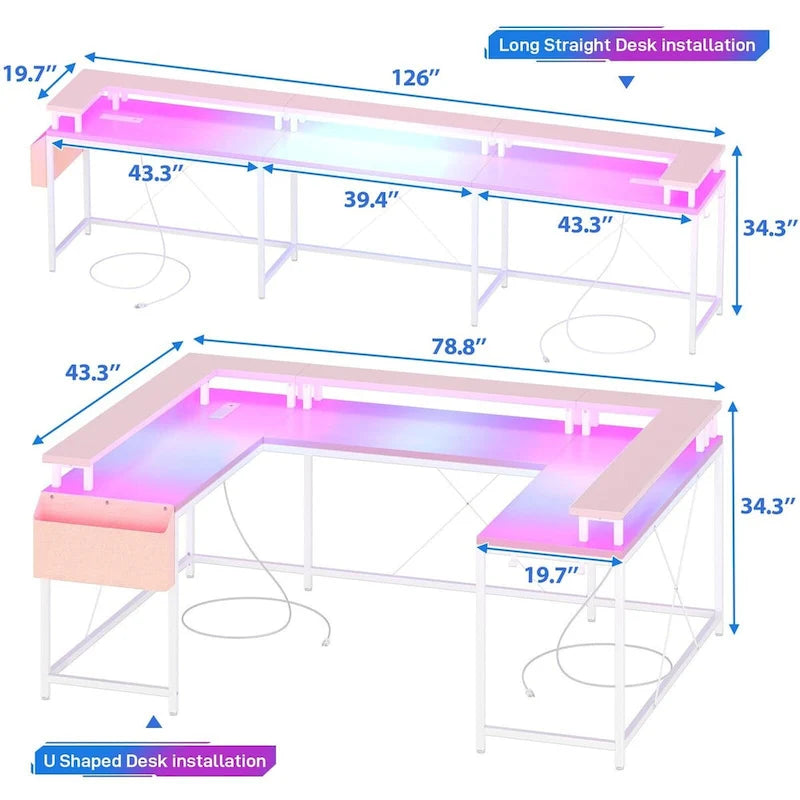 Bureau d'ordinateur réversible en forme de U avec lumières LED et prises de courant, 2 personnes