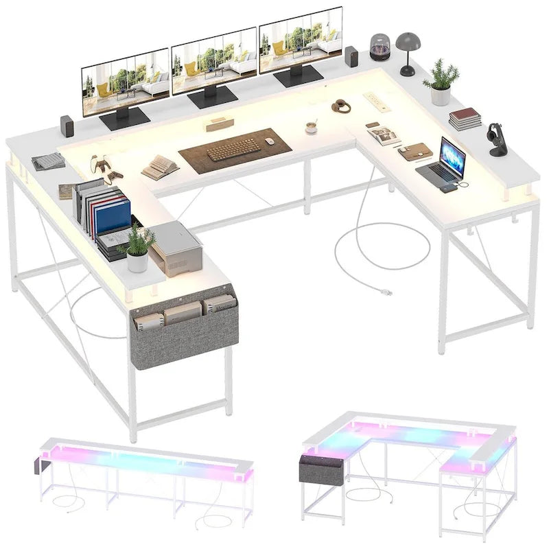 Bureau d'ordinateur réversible en forme de U avec lumières LED et prises de courant, 2 personnes