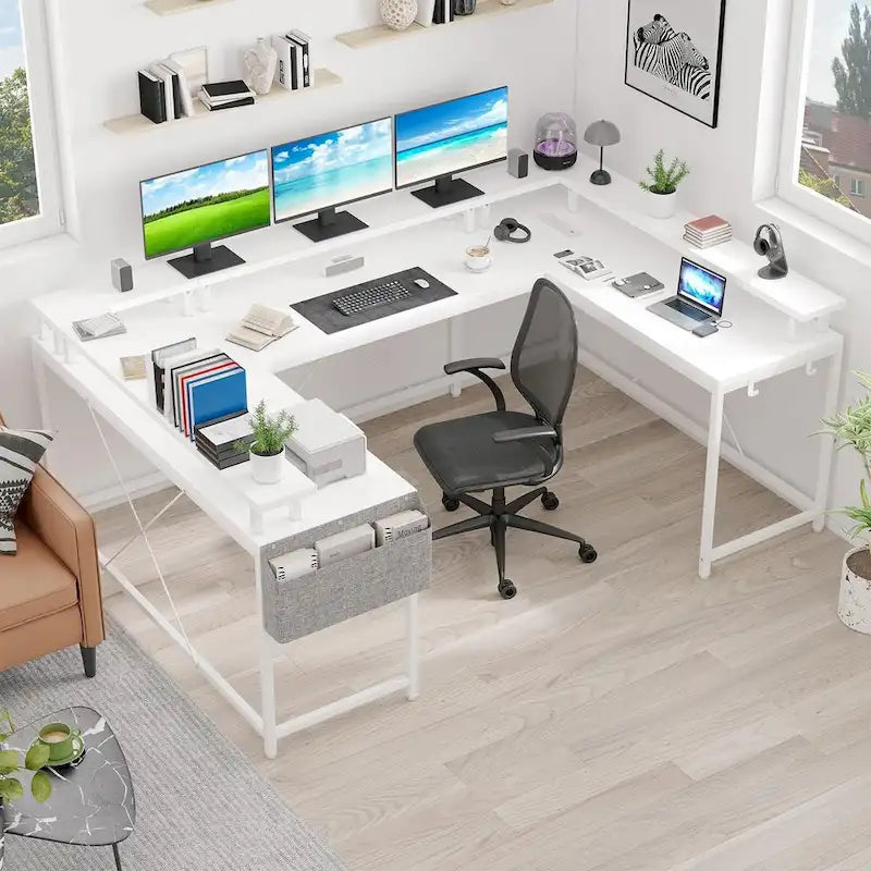 Bureau d'ordinateur réversible en forme de U avec lumières LED et prises de courant, 2 personnes