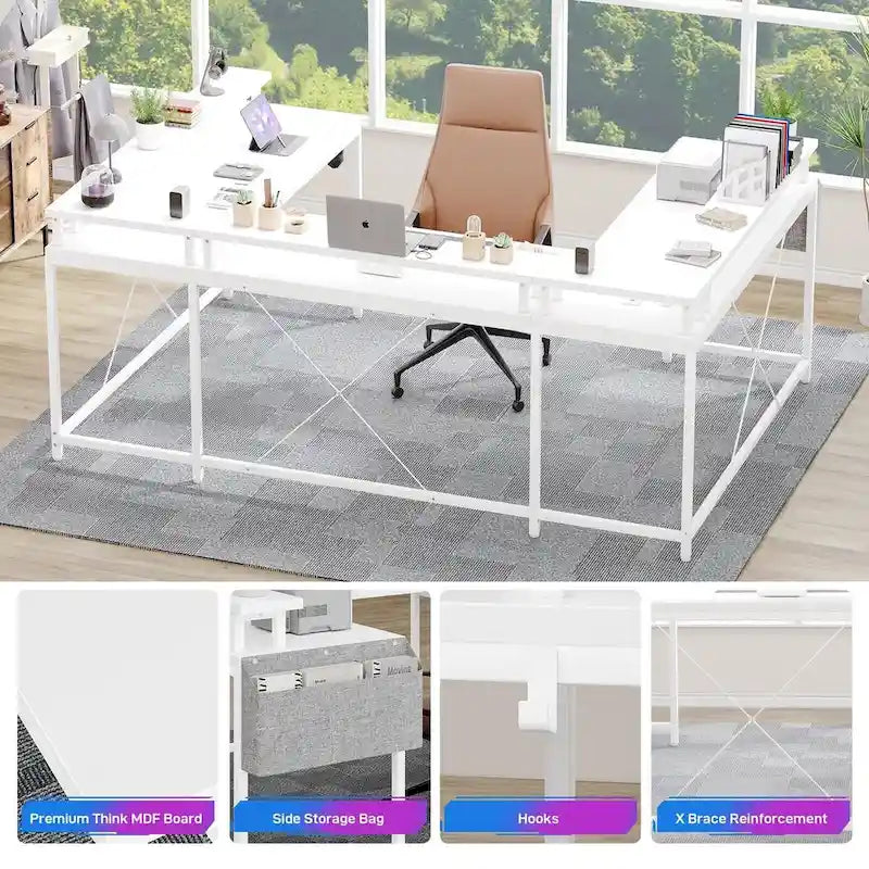 Bureau d'ordinateur réversible en forme de U avec lumières LED et prises de courant, 2 personnes