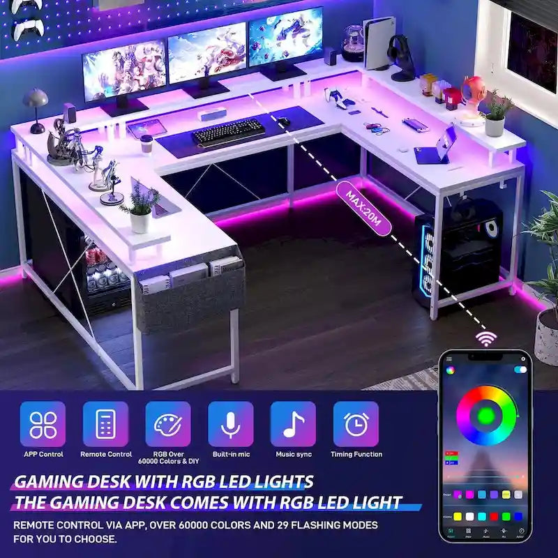 Bureau d'ordinateur réversible en forme de U avec lumières LED et prises de courant, 2 personnes