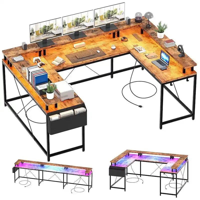 Bureau d'ordinateur réversible en forme de U avec lumières LED et prises de courant, 2 personnes