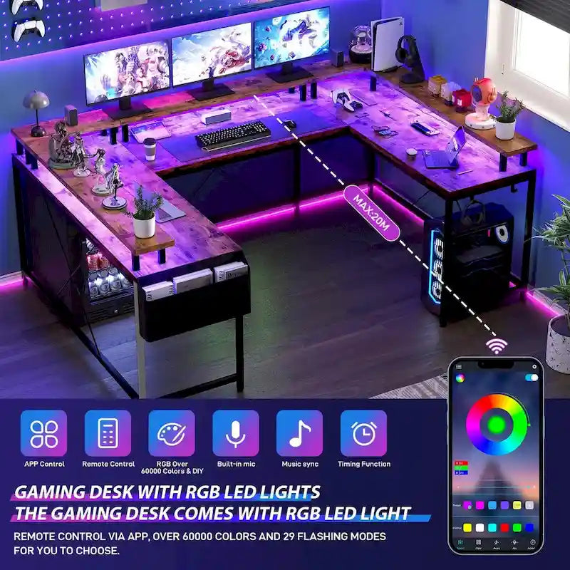 Bureau d'ordinateur réversible en forme de U avec lumières LED et prises de courant, 2 personnes