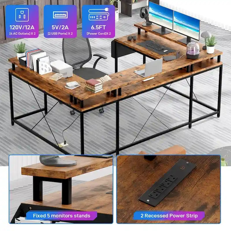 Bureau d'ordinateur réversible en forme de U avec lumières LED et prises de courant, 2 personnes