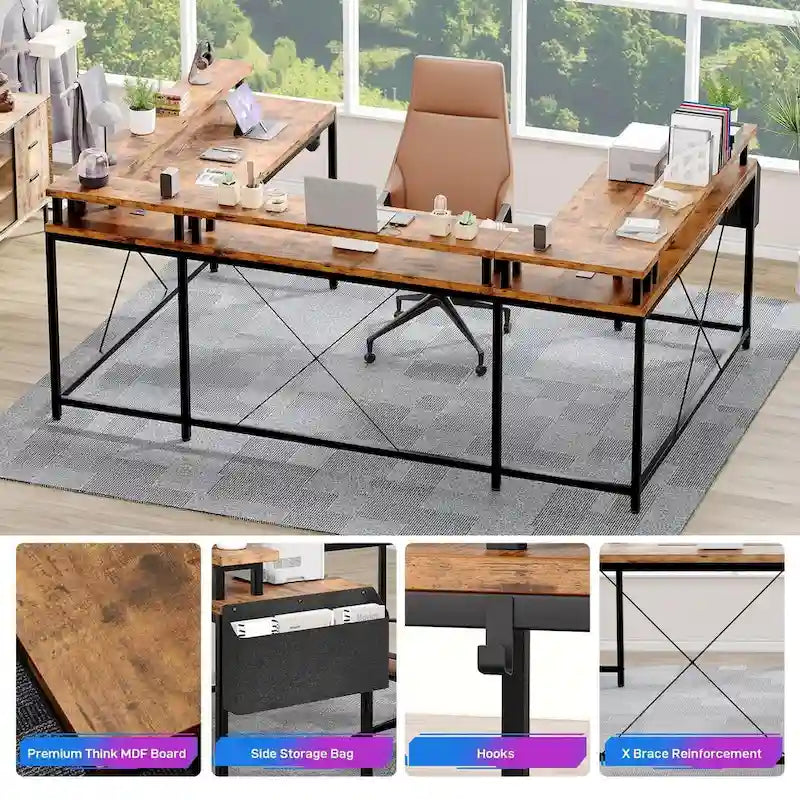 Bureau d'ordinateur réversible en forme de U avec lumières LED et prises de courant, 2 personnes