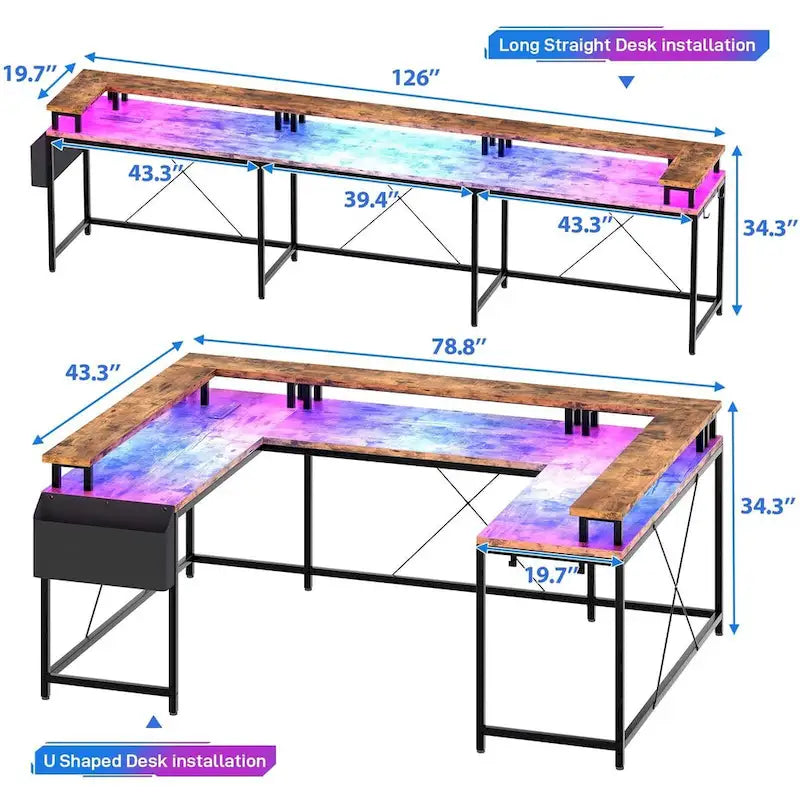 Bureau d'ordinateur réversible en forme de U avec lumières LED et prises de courant, 2 personnes