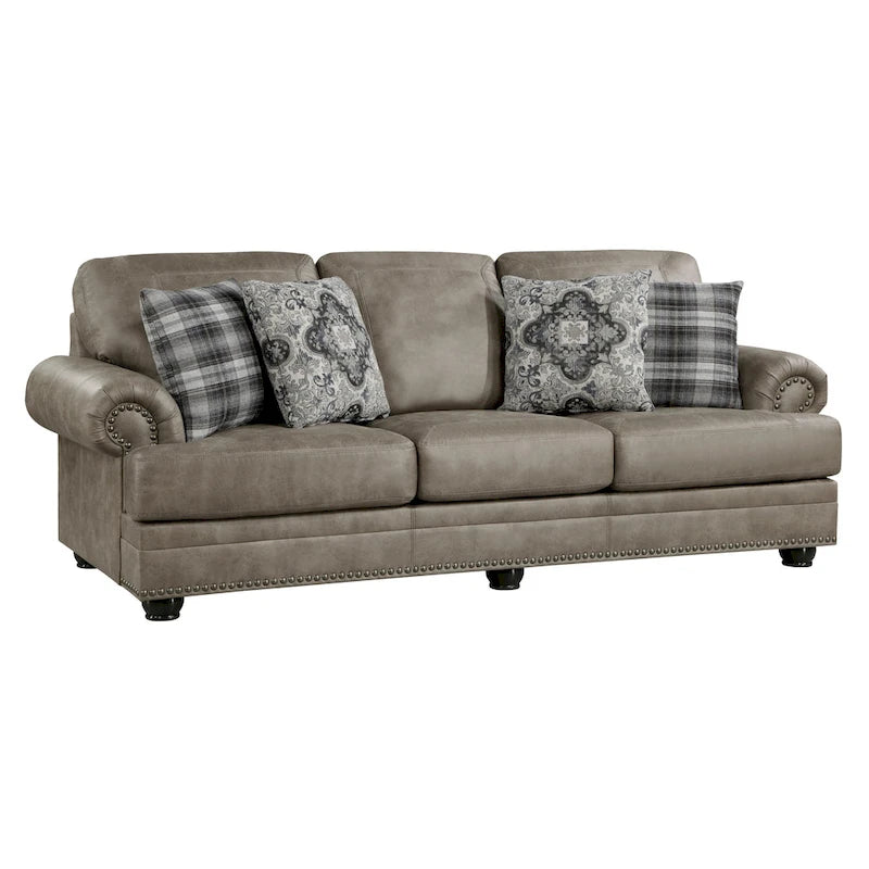 Taupe Brown / Espresso Brown Nailhead Trim Sofa, 3-Seat