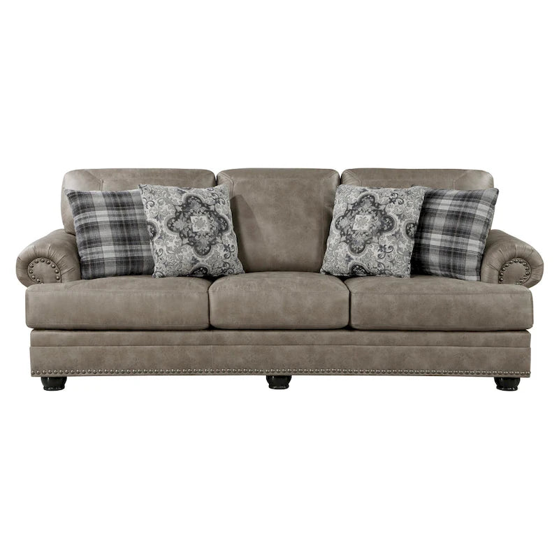 Taupe Brown / Espresso Brown Nailhead Trim Sofa, 3-Seat