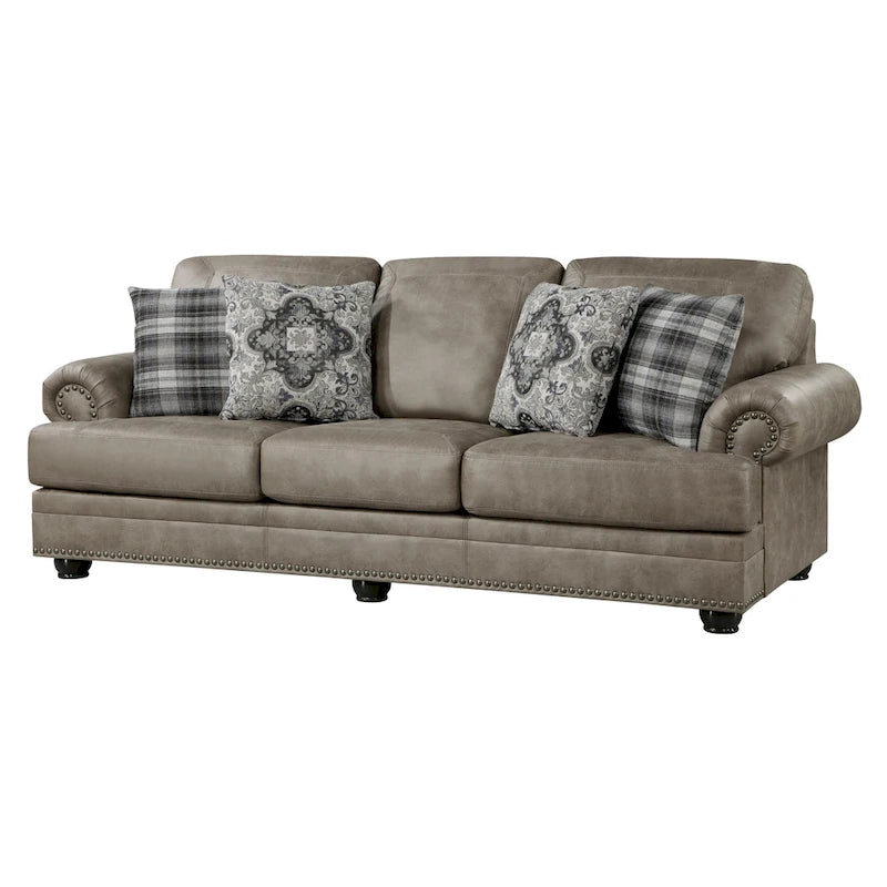 Taupe Brown / Espresso Brown Nailhead Trim Sofa, 3-Seat