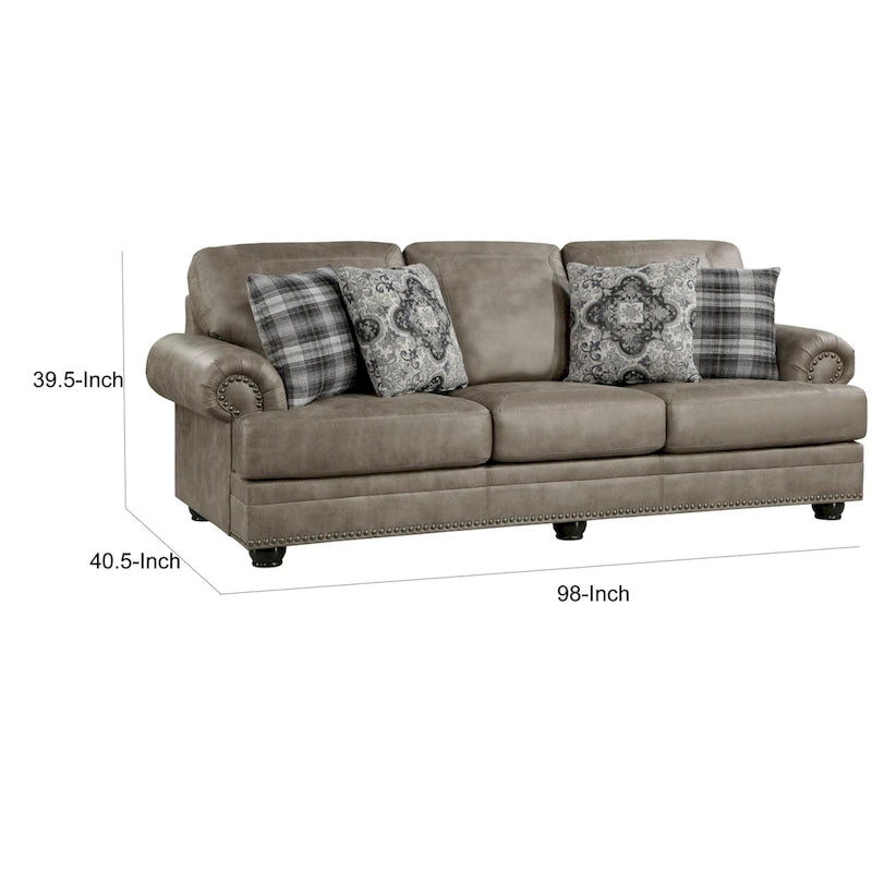 Taupe Brown / Espresso Brown Nailhead Trim Sofa, 3-Seat