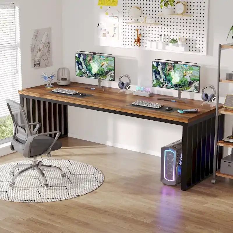 Bureau informatique 2 personnes chêne et noir, 200 cm