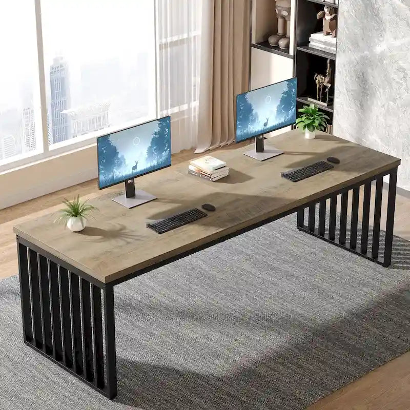 Bureau informatique 2 personnes chêne et noir, 200 cm