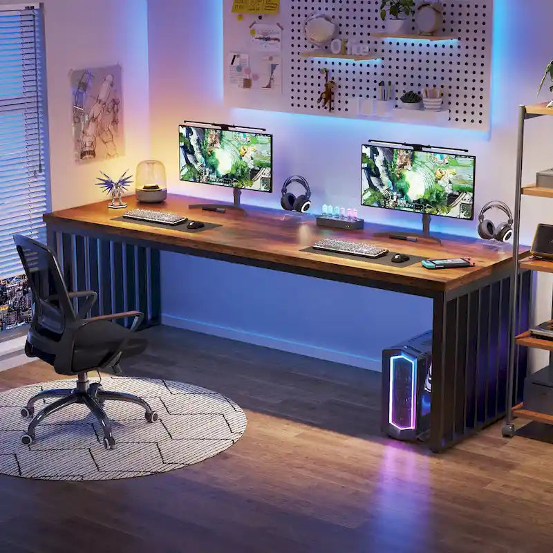 Bureau informatique 2 personnes chêne et noir, 200 cm