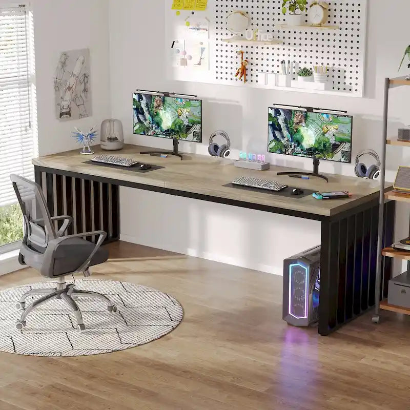 Bureau informatique 2 personnes chêne et noir, 200 cm