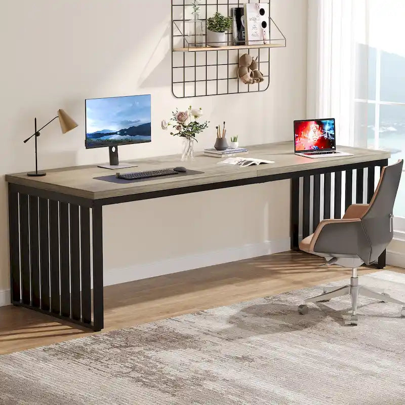 Bureau informatique 2 personnes chêne et noir, 200 cm