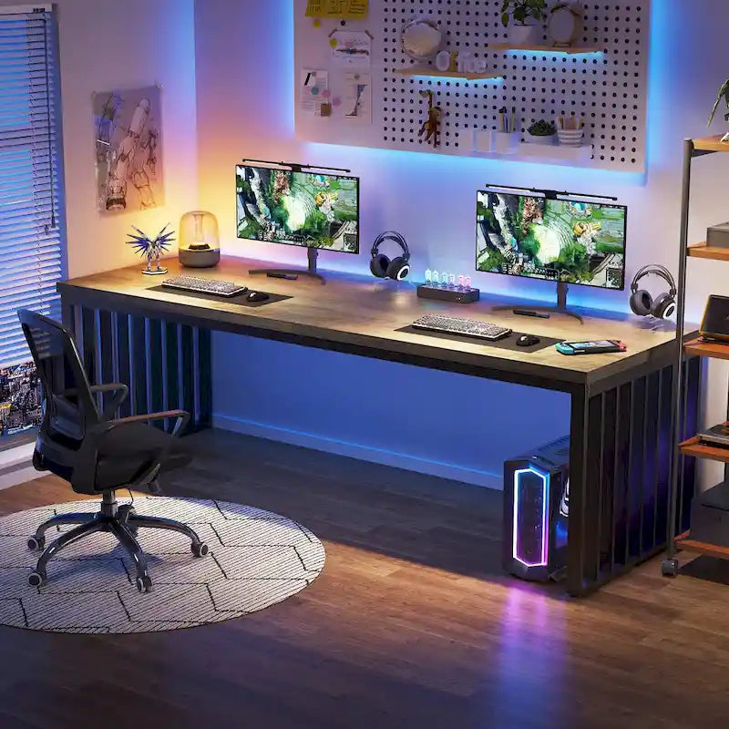 Bureau informatique 2 personnes chêne et noir, 200 cm