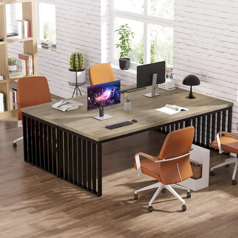 Bureau informatique 2 personnes chêne et noir, 200 cm