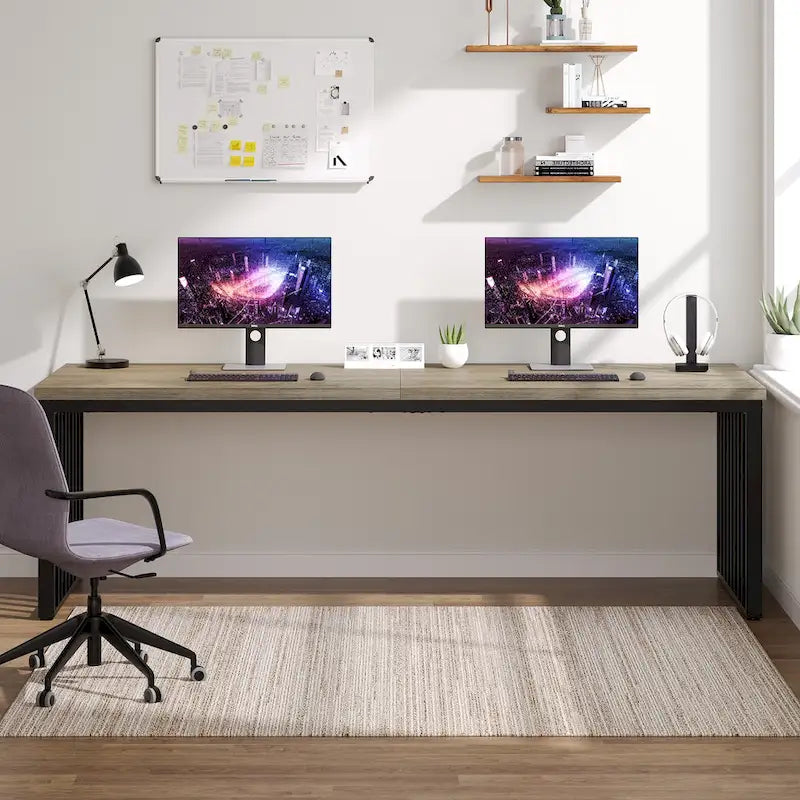 Bureau informatique 2 personnes chêne et noir, 200 cm