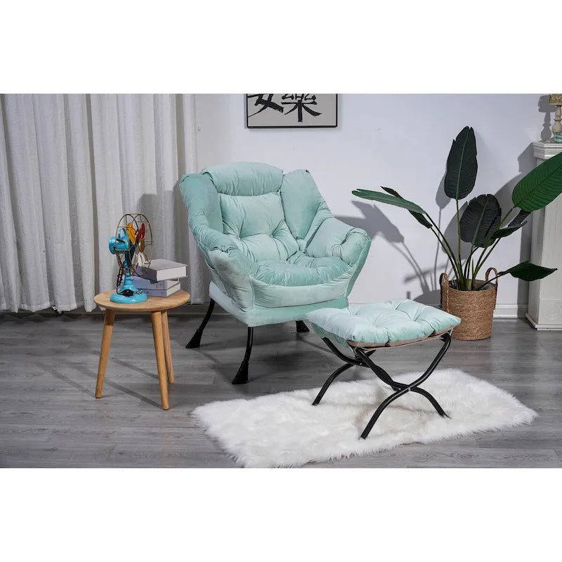 Fauteuil de salon contemporain Accent, fauteuil simple à cadre en acier avec accoudoirs et une poche latérale, avec repose-pieds, avec tabouret.