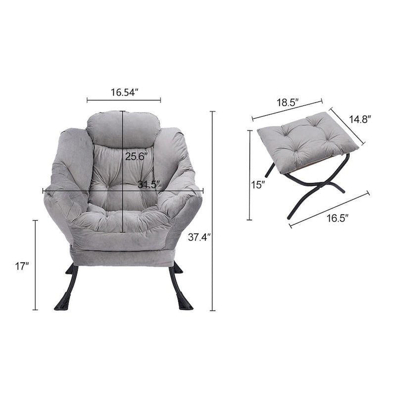 Fauteuil de salon contemporain Accent, fauteuil simple à cadre en acier avec accoudoirs et une poche latérale, avec repose-pieds, avec tabouret.