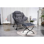 Fauteuil de salon contemporain Accent, fauteuil simple à cadre en acier avec accoudoirs et une poche latérale, avec repose-pieds, avec tabouret.