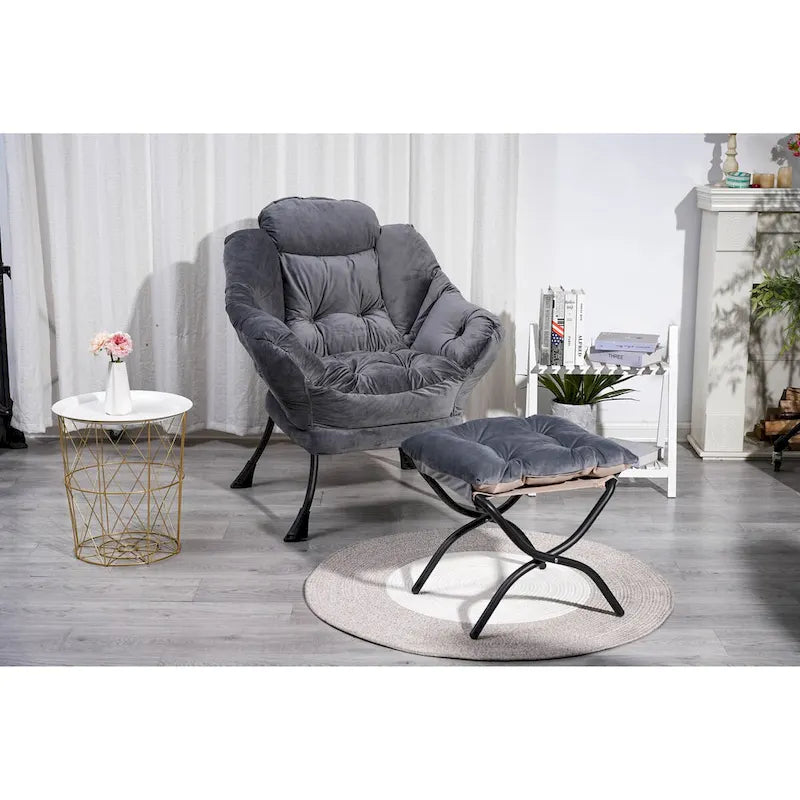 Fauteuil de salon contemporain Accent, fauteuil simple à cadre en acier avec accoudoirs et une poche latérale, avec repose-pieds, avec tabouret.