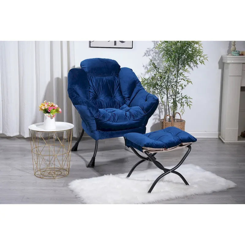 Fauteuil de salon contemporain Accent, fauteuil simple à cadre en acier avec accoudoirs et une poche latérale, avec repose-pieds, avec tabouret.