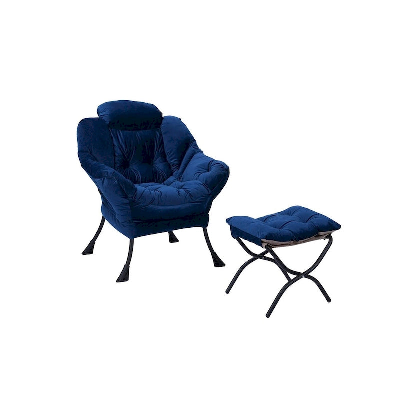 Fauteuil de salon contemporain Accent, fauteuil simple à cadre en acier avec accoudoirs et une poche latérale, avec repose-pieds, avec tabouret.