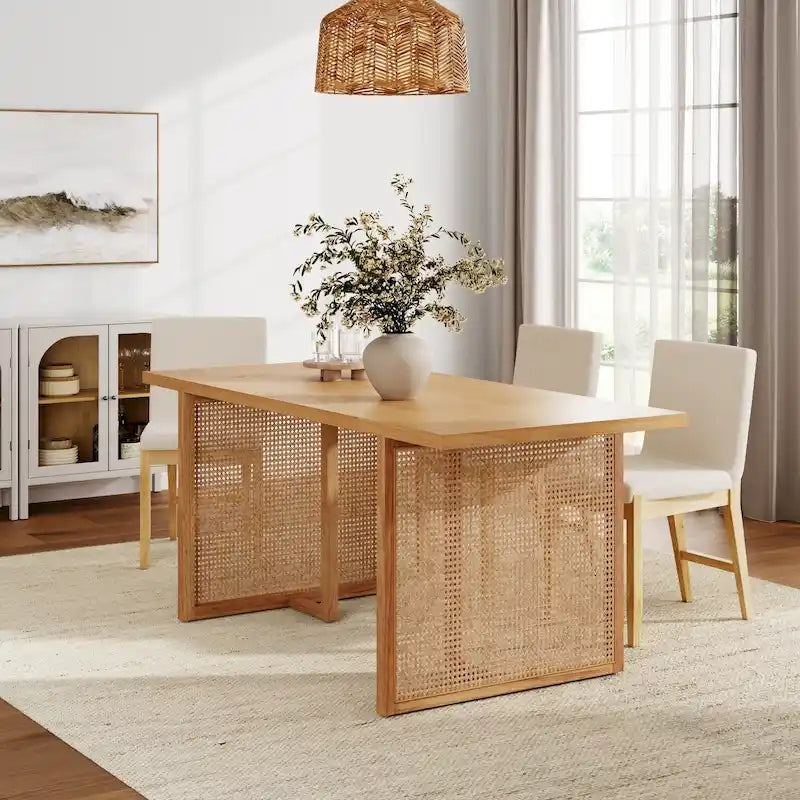 Warm Pine Boho Dining Table for 6, Rattan Accent