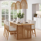 Warm Pine Boho Dining Table for 6, Rattan Accent